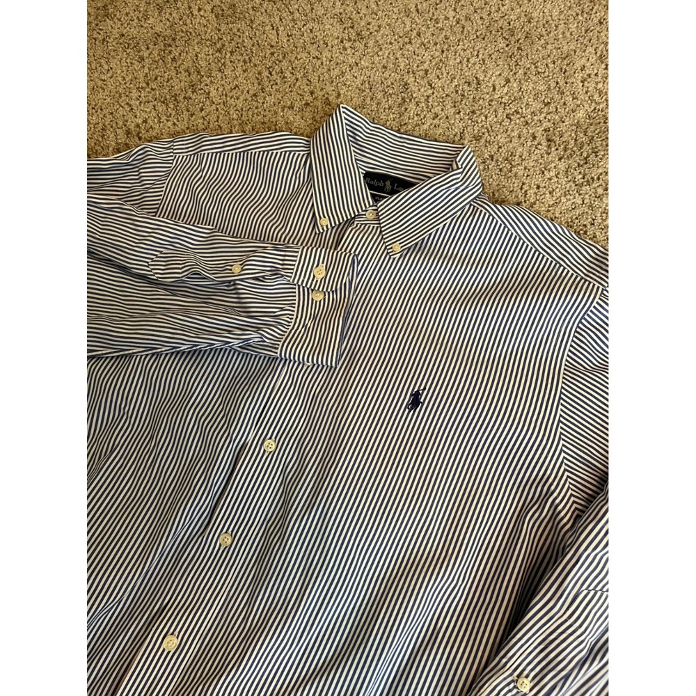 Ralph Lauren Men's Button Down Shirt 17 32/33 Blue White Striped Classic Fit